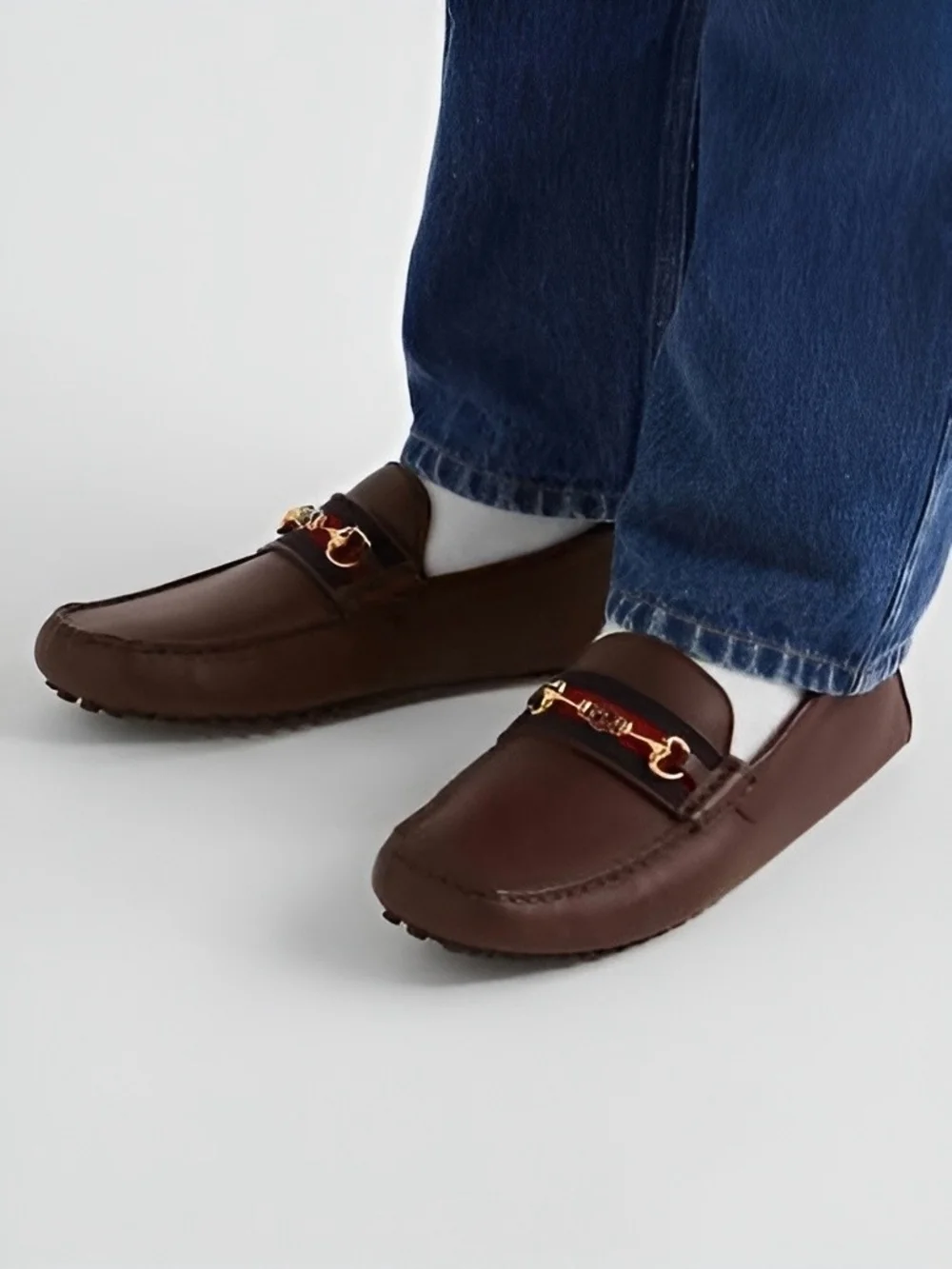 Gucci Men's Ayrton Horsebit Web Driver Loafers – Cocoa Brown Leather – Size 42